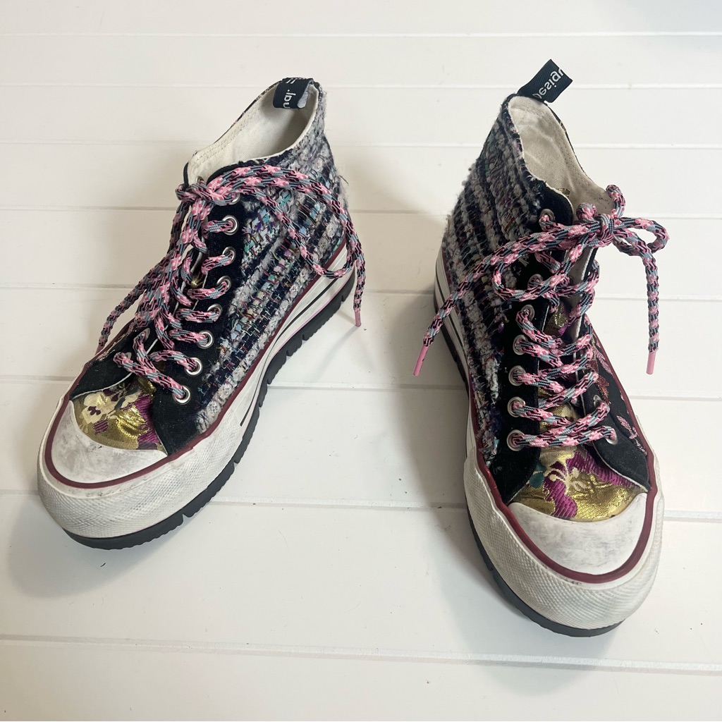 Desigual Mixed Textile Patchwork Sneaker Platform Mirror Text Metallic Chunky